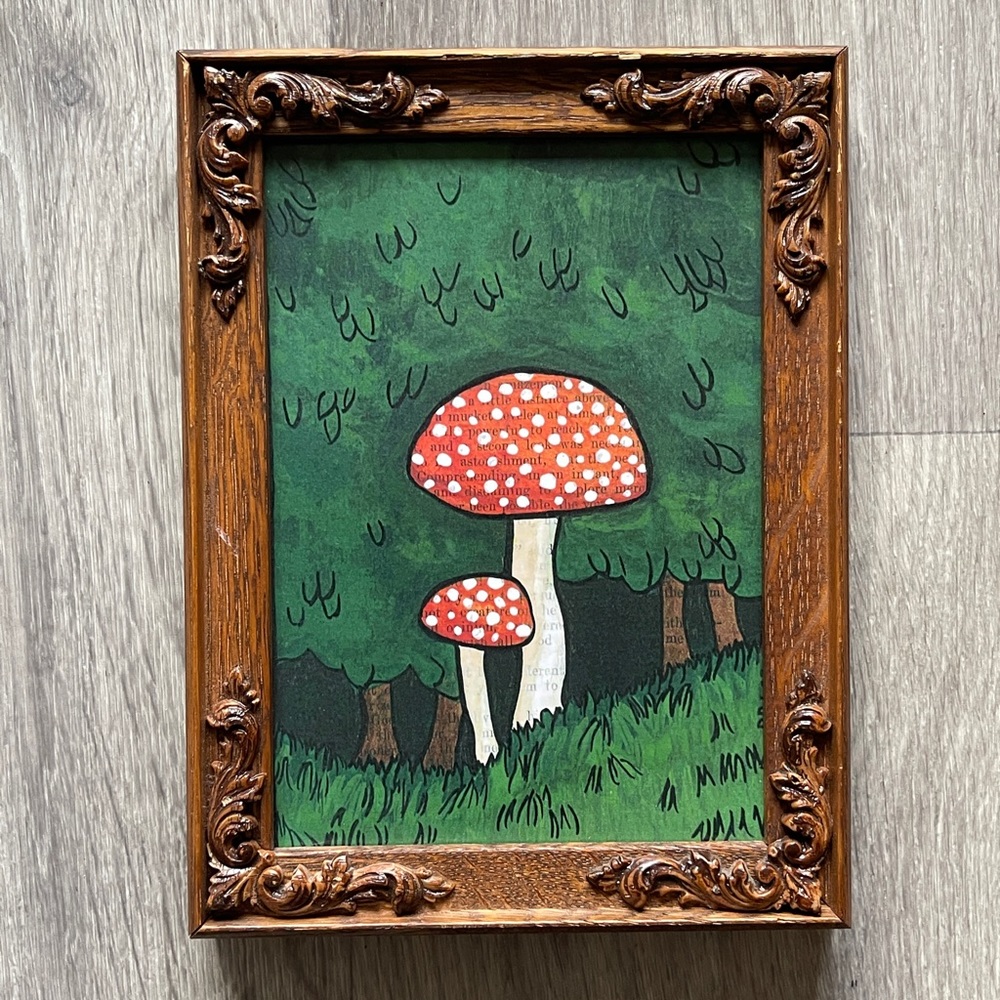 Vintage Wooden Carved Flower Frame  With Mushrooms Art Print